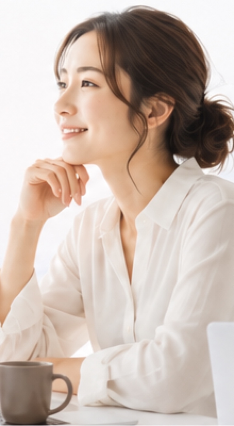 ノートパソコンの前で考えを整理する女性のイメージ